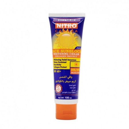 واقي شمس وكريم مبيض بالكولاجين من نيترو كندا SPF 60+ مناسب للبشرة الدهنية والمختلطة 100غم Nitro Canada Face Sunblock Whitening Cream SPF 60+