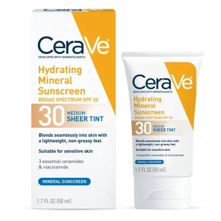 واقي شمس معدني مرطب من سيرافي بعامل حماية من الشمس 30 - لون شفاف فاتح 50 مل ، CeraVe Hydrating Mineral Sunscreen SPF 30 - Light Sheer Tint 50ml