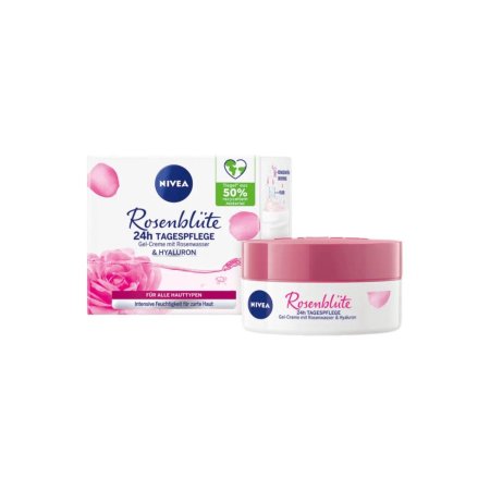 مرطب من نيفيا زهرة الورد عناية نهارية 24 ساعة بماء الورد وحمض الهيالورونيك حجم 50 مل - NIVEA Rose Blossom 24h DAY CARE Gel-Cream with Rose Water & HYALURON (Hyaluronic Acid)