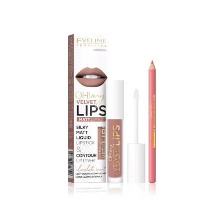 طقم روج سائل مطفي وقلم تحديد من Eveline Oh! My Velvet Lips- اللون 11 Cookie Milkshake - Eveline Cosmetics Oh! My Velvet Lips Matte Liquid Lipstick & Lip Liner Set – 11 Cookie Milkshake