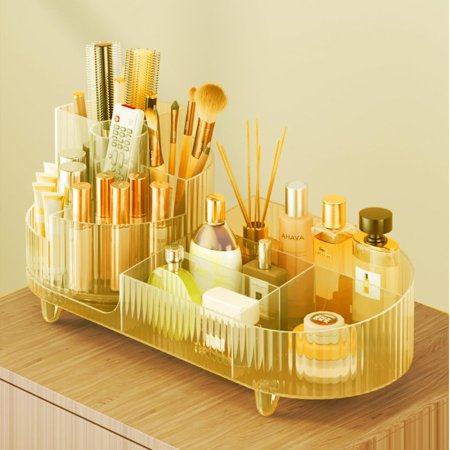 Large Cream Capacity Makeup Organizer with Rotating Brushes Holder - ذهبي