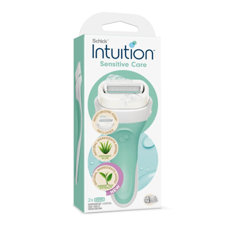 شيك انتيوشن شفرة حلاقة بخلاصة الصبار والشاي الأخضر - مقبض + رأسين للنساء - Schick Intuition Sensitive Care Aloevera & Green Tea Extract Shaving Razor For Women With - 1 Handle + 2 Heads