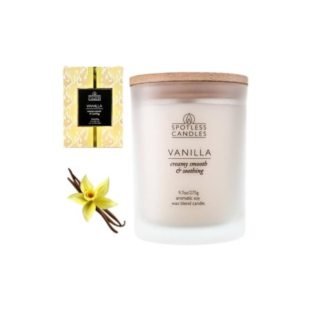 شمعة فانيلا معطرة في كأس زجاجي بلون كريمي مع غطاء خشبي -Vanilla Scented Candle in Cream Frosted Glass with Wooden Lid